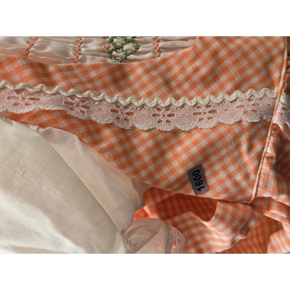 Polly Flinders Vintage Girls Orange Gingham Hand Smocked Dress Size T4 Lace Trim